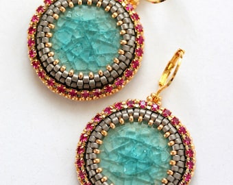 Bead Embroidered Earrings - Turquoise Porcelain