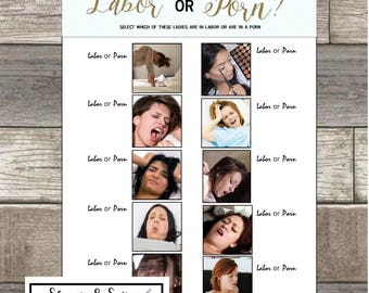 Labor or Porn PRINTABLE Digital DOWNLOAD game Baby Shower Game Blue and Gold Stripe