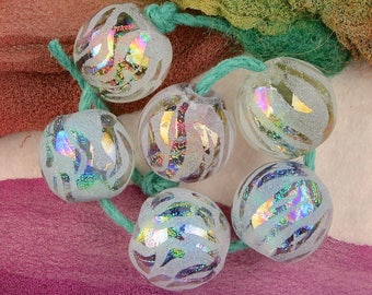 Lampwork Bead Set of 6 "Fire & Ice Tiger Stripes" Handmade Sandblasted Dichroic and Iridescent Lustre Glass Beads SRA ~ Cool Neutrals