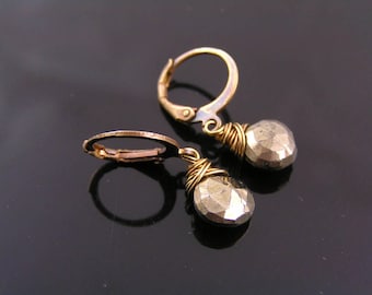 Pyrite Earrings, Fools Gold Earrings, Hoop Earrings, Wire Wrapped Jewelry, Small Earrings, Pierced Ears, Gem Jewelry, Gem Earrings, E2390