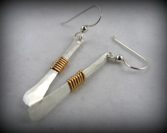 Silver Earrings Hammered Silver Gold Coil lightweight Minimalist Modern Earrings Silver Dangle Mixed Metal Earrings with Silver and Gold