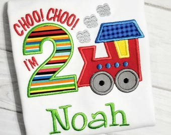 2nd Birthday Train Shirt - Choo Choo I'm 2 Birthday Shirt - Embroidered and Personalized Boy Birthday Shirt