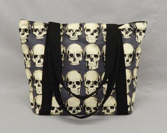 Realistic Skulls Zipper Tote Bag with Pockets, Punk Rock, Goth, Horror Fan, Fabric Shoulder Bag, Canvas Liner, Gray Black Cream