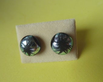 Dichroic Glass Stud Earrings Surgical Steel Hypoallergenic Silver & Black Handmade Hand Painted