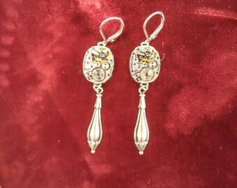 Antique Silver Steampunk Vintage Watch Movement Drop Earrings