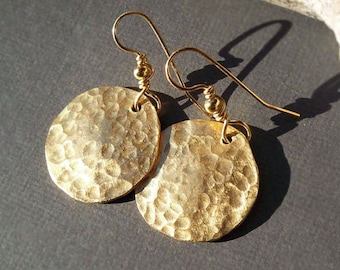 Gold Disc Earrings Ancient Egyptian Jewelry Hammered Brass Round Dangles and 14k Gold Filled Ear Wires