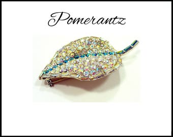 POMERANTZ of NY Aurora Borealis Rhinestone Brooch, Green AB Rhinestone Vein, Large Leaf, Runway Style Brooch, Mothers Day Gift for Her