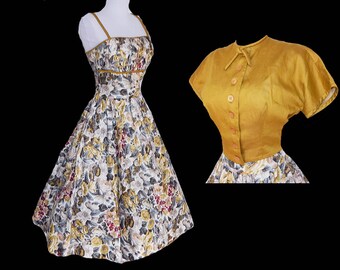 Vintage 50s L'Aiglon French floral cotton garden party dress with bolero