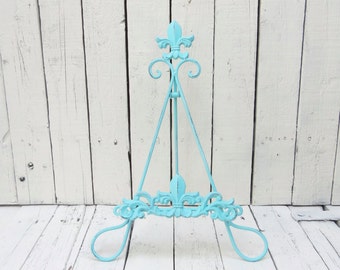 Aqua Metal Book Easel, Art Prop, Shabby Cottage Chic, Fleur De Lis, French Country Decor, Paris Apartment, Home Decor, Book Easel