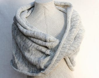 Chunky mohair blend infinity wrap shawl hands free knit throw blanket in super soft chunky cotton, mohair, silk - Ash