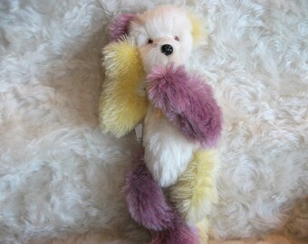 White & hand dyed Lemon and Plum Mohair 10inch Quirky Teddy Bear is a Handsewn One-of a Kind
