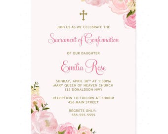 Floral First Communion Invitation, Baptism Invitation, Boy Printable Confirmation Invitation, Girl Communion Invitation, Invitacion Comunion