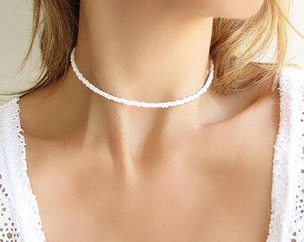 White Choker Necklace White Beaded Choker Dainty Necklace Glass Choker