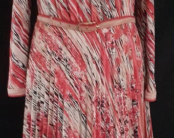 Vintage 1980's 80's red striped graphic print pleated secretary dress UK size 10 - 12