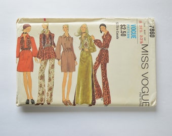 1970s Vintage UNCUT Vogue Sewing Pattern 7860 Womens Boho Hippie Chic Dress or Tunic Top, Fitted Vest & Flared Pants Size 8