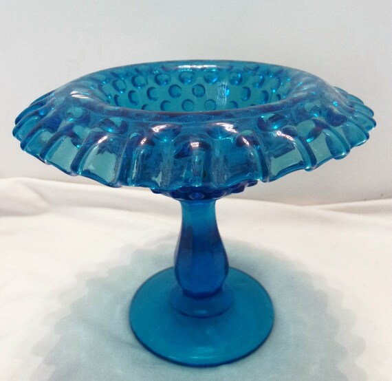 Fenton Vintage Hobnail Blue Glass Fairy Lamp Ruffled Edge Open