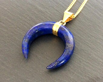 lapis necklace, lapis jewelry, lapis pendant, lapis stone, crystal necklace, crescent moon necklace, lapis lazuli, crystal moon necklace