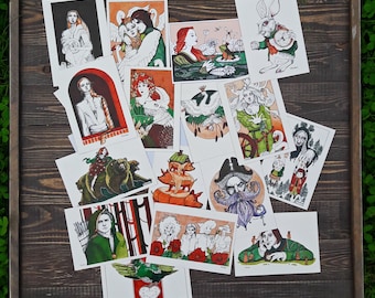 16 original fairytale graphic print postcards from the artist