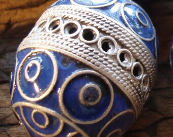 Enamel large Moroccan tarnished marjorelle blue focal round barrel bead