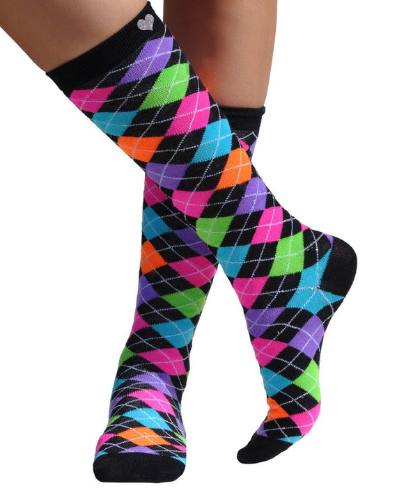 Black Argyle Neon Knee High Socks Roller Derby Socks Skate