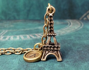 Eiffel Tower Necklace, Personalized Necklace, Hand Stamped Necklace, Initial Necklace, Paris Necklace, France Necklace, Charm Necklace