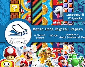 Mario Bros Digital Papers - 8 Designs 12x12in, 30x30 cm - Ready to Print - High Quality