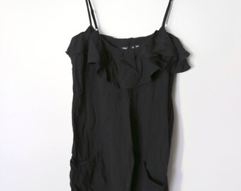 Vintage 1990s Black Ruffle Tank Dress with Pocket and Frill Detailing