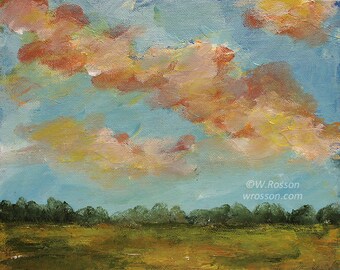 Colorful Clouds Painting, Original Painting, Landscape Painting, Winjimir, Home Decor, Office, Wall Art, Gift, Blue Sky, Field, Trees, Art