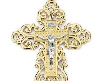 14k gold two tone Lace Crucifix, Religious pendant, Crucifix