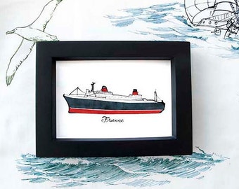 custom prints of ships framed in thrift store finds: ship print / nautical illustration