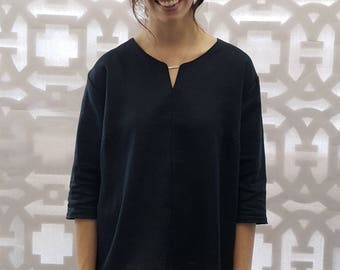 Black Split Front Top in Light Weight Linen
