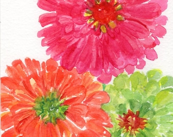 Zinnias Watercolor Painting original, Small floral art pink, orange, lime green zinnias watercolor paintings, Zinnia art decor, flowers