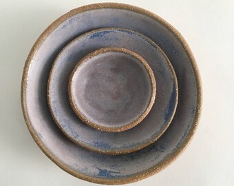 Ceramic Nesting Bowl Set, 3 Amethyst Purple Stoneware Pottery Bowls