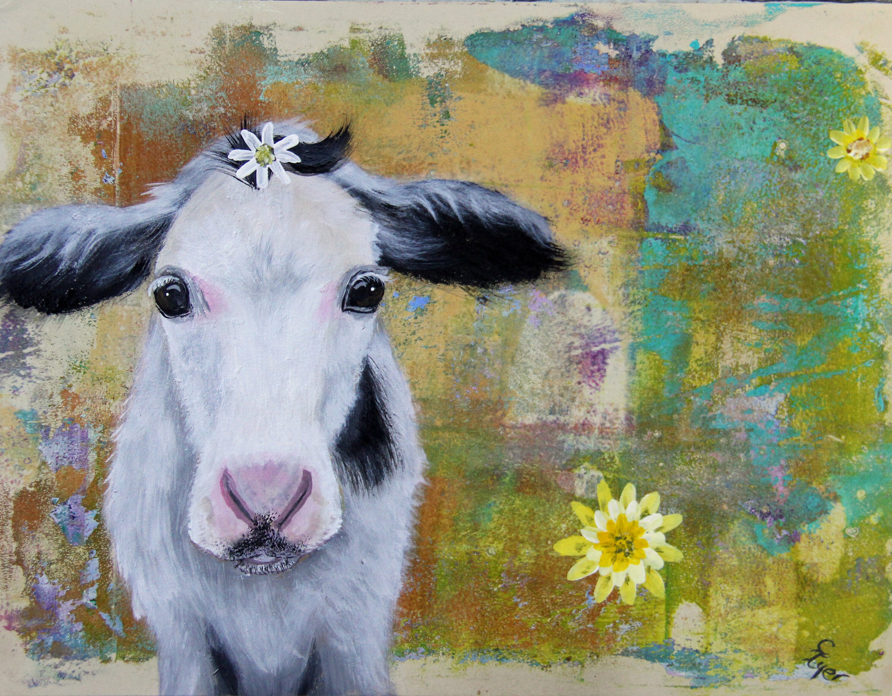 Original Whimsical Cow Painting Fine Art Modern Farm Nursery