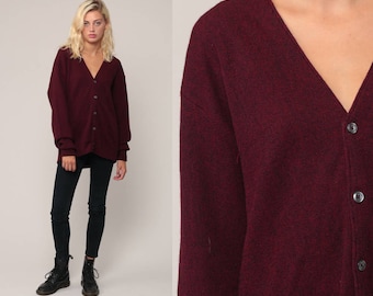 Burgundy Sweater Grandpa Cardigan Boho Sweater Plain Button Up 80s Grunge Slouchy Acrylic Knit Vintage Large