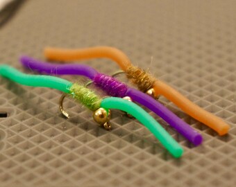 Six (6) Bead Head Squirmy Worm Flies - Fly Fishing Flies - Worm Fly - Bead Head Fly - San Juan Worm - Hand Tied Flies - Trout Flies