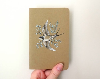 Original Illustrated Swallow Bird Artwork Moleskine Pocket Cahier Kraft Notebook Journal - Hand Drawn Bird Metallic Leaves Design