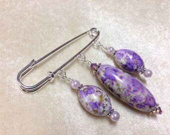 Purple Beaded Shawl Pin, Kilt Pin Jewelry, Scarf Pin Beaded Brooch, Mother's Day Gift