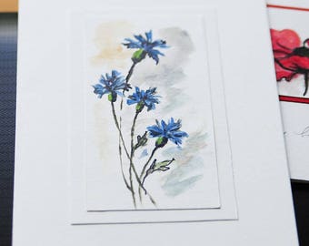 Hand Painted greeting card blue flowers