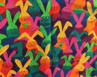 Vintage Cotton Fabric bunny rabbit rabbitts easter pattern multicolour kitsch novelty animal retro material
