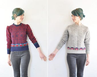novelty gray knit alphabet sweater . kitsch school house ABC pullover .small.medium
