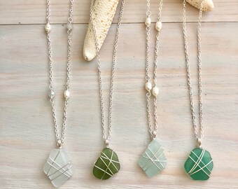 Sea Glass Necklace - Genuine Sea Glass - Wire Wrapped Sea Glass - Aqua Sea Glass - Beach Glass Pendant - Real Sea Glass - Sterling Silver