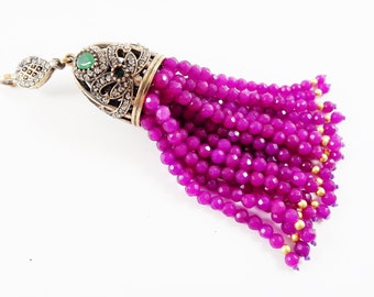 Large Long Violet Purple Facet Cut Jade Stone Beaded Tassel with Crystal Accents - Antique Bronze - 1PC