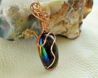 Copper wire wrapped dichroic glass pendant - copper wire wrapped - glass pendant - small wire wrap pendant