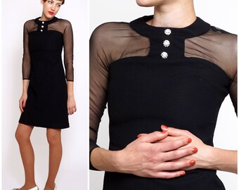 Vintage 1960s Sheer Illusion Bodice Black Mod Shift Dress with Rhinestone Button Collar by Elite Petites | XXS/XS