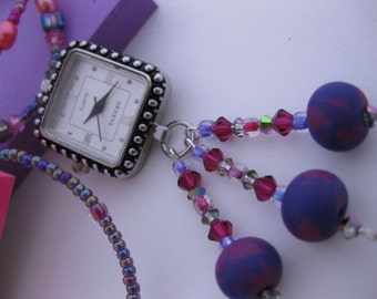 Pink & Purple Handmade Fimo Clay Beads and Swarovski Crystal Dangle Pendant Nurses Watch Necklace w/Cranberry Pink Pearls, Mystery Beads
