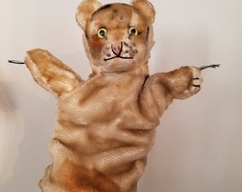 Cute 1950's Vintage Mohair Excelsior Straw Stuffed Striped Tiger Glove Animal Hand Puppet Glass Eyes Unmarked Steiff