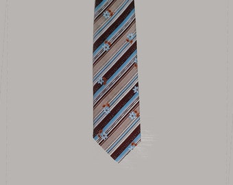 Vintage Tie, Wide Tie, 70's, Mod Tie, Blue, Brown, Stripes, Flowers