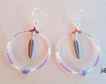 Earrings, hoop, feathers, semi precious stone, banded agate, miyuki beads, silver, handmade jewelry, gift for her