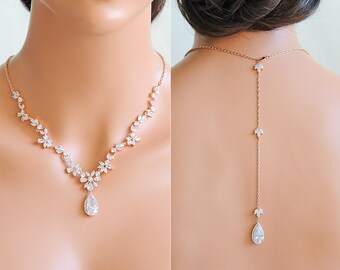 Rose Gold Bridal Necklace, Backdrop Necklace, Back Drop Wedding Necklace, Crystal Flower Leaf Vine Back Necklace, Bridal Jewelry, CAMRYN